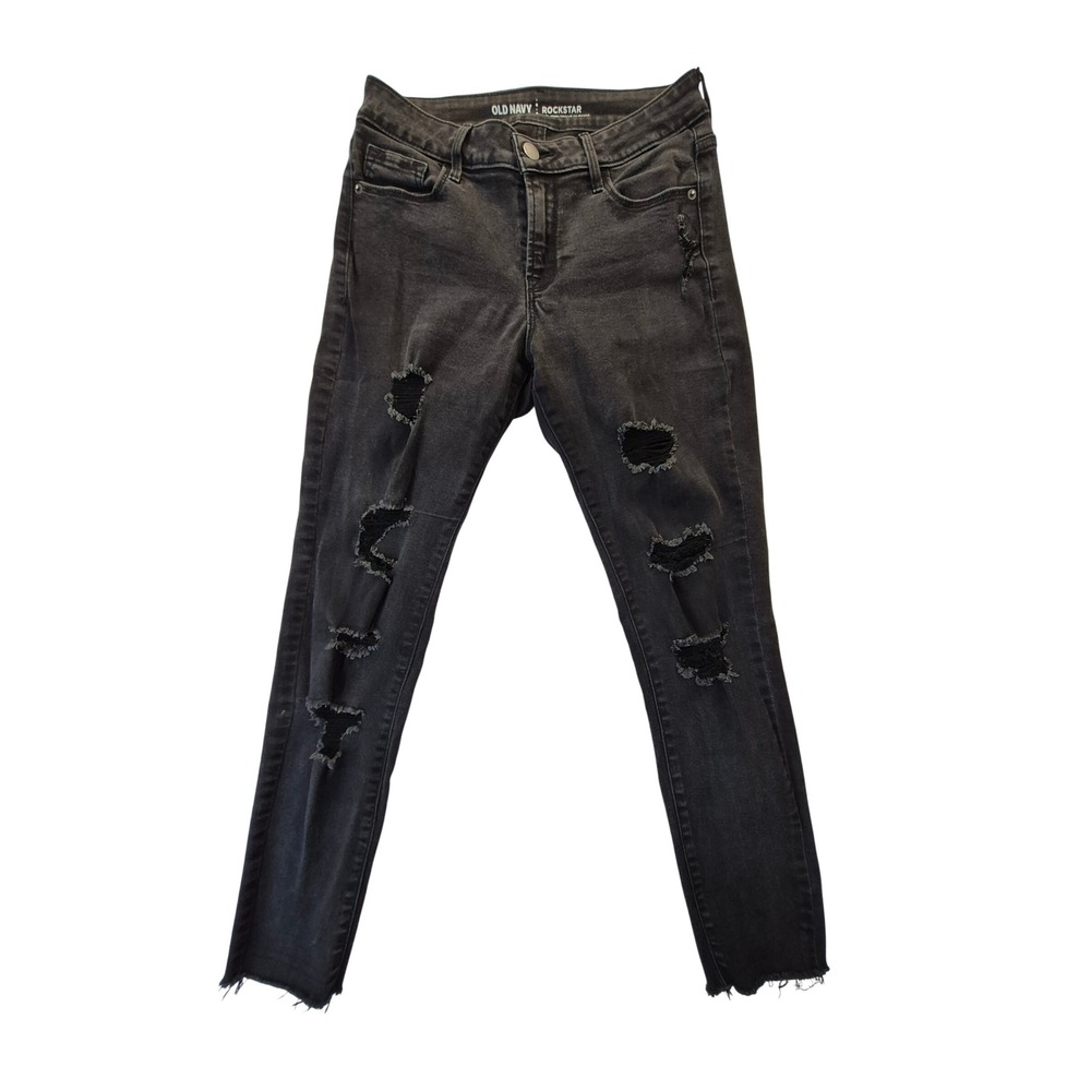 Old Navy Rockstar Jeans Womens 4 Mid Rise Skinny Black Distressed Raw Hem